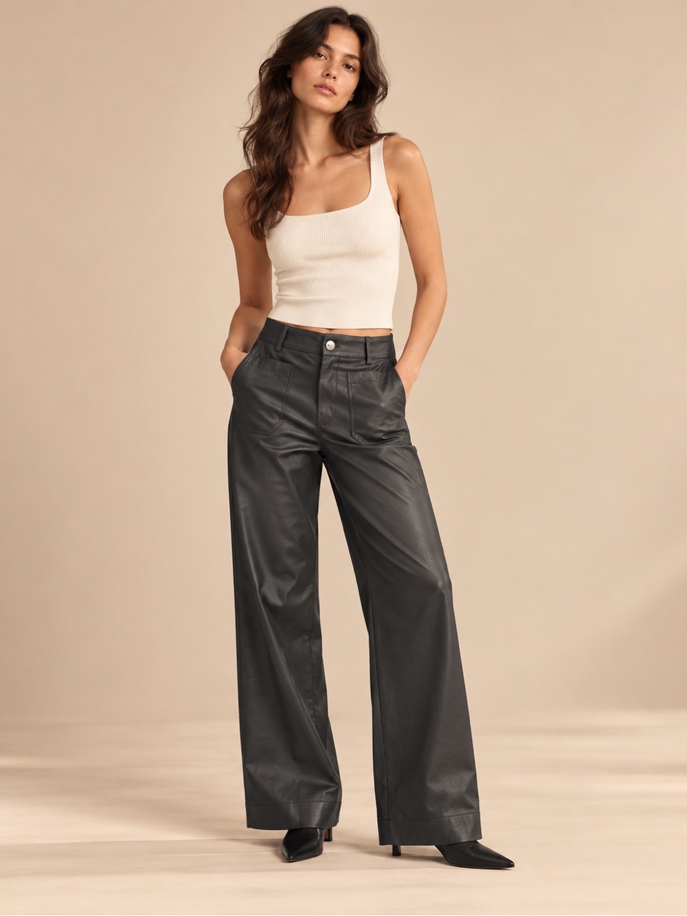 Maeve Anthropologie The Colette Black Faux Leather Wide Leg Pants Size 29P